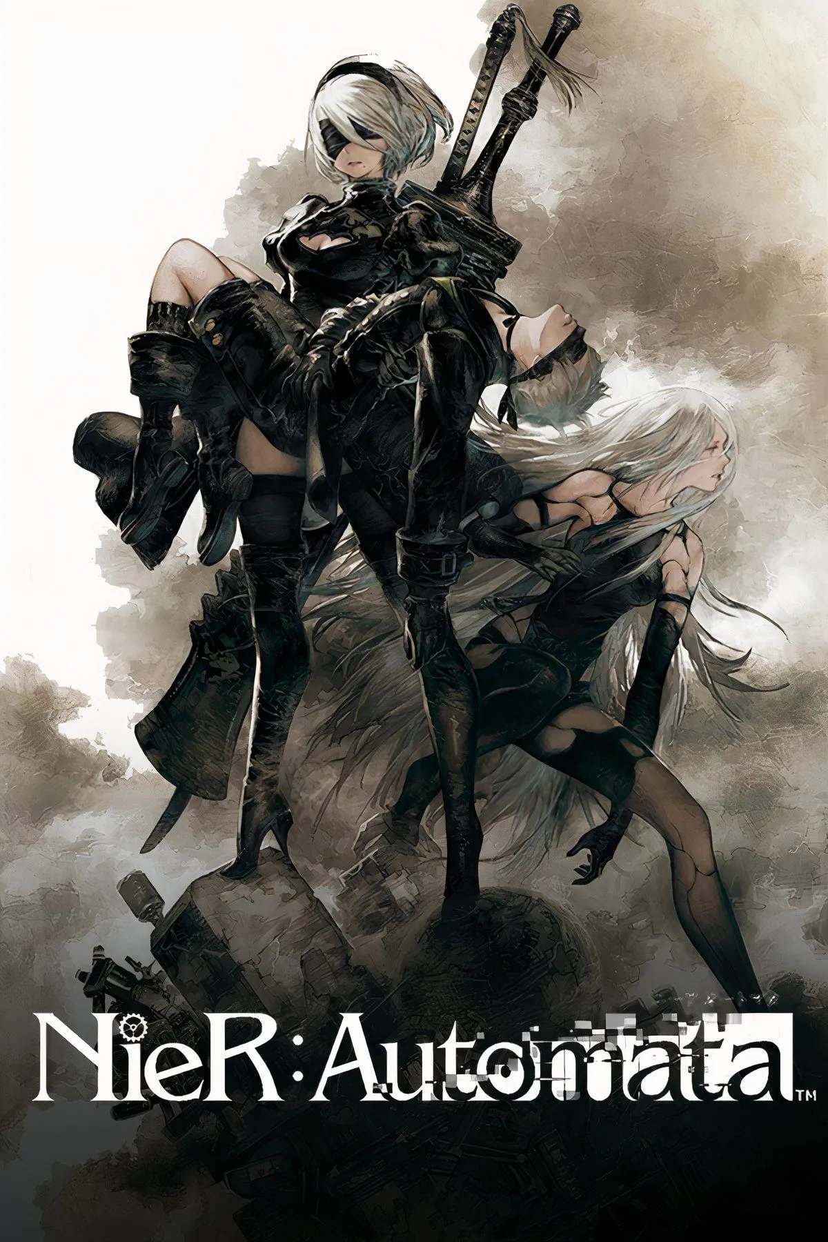 Hình ảnh cận cảnh khuôn mặt nhân vật 2B từ NieR: Automata, thể hiện biểu cảm nghiêm túc.