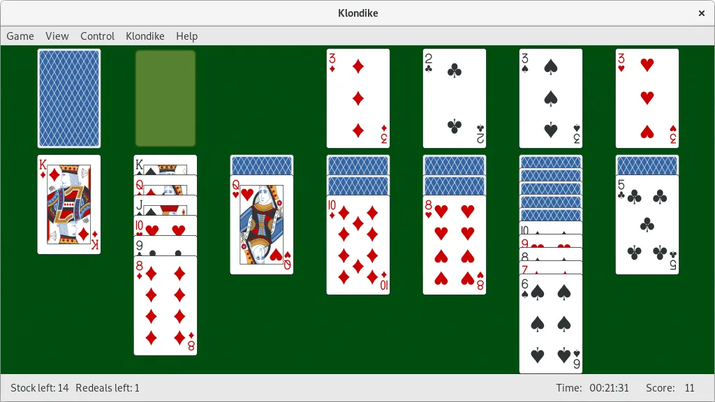 Hình ảnh chính thức của Aisleriot đang chạy biến thể Klondike của Solitaire trên Linux