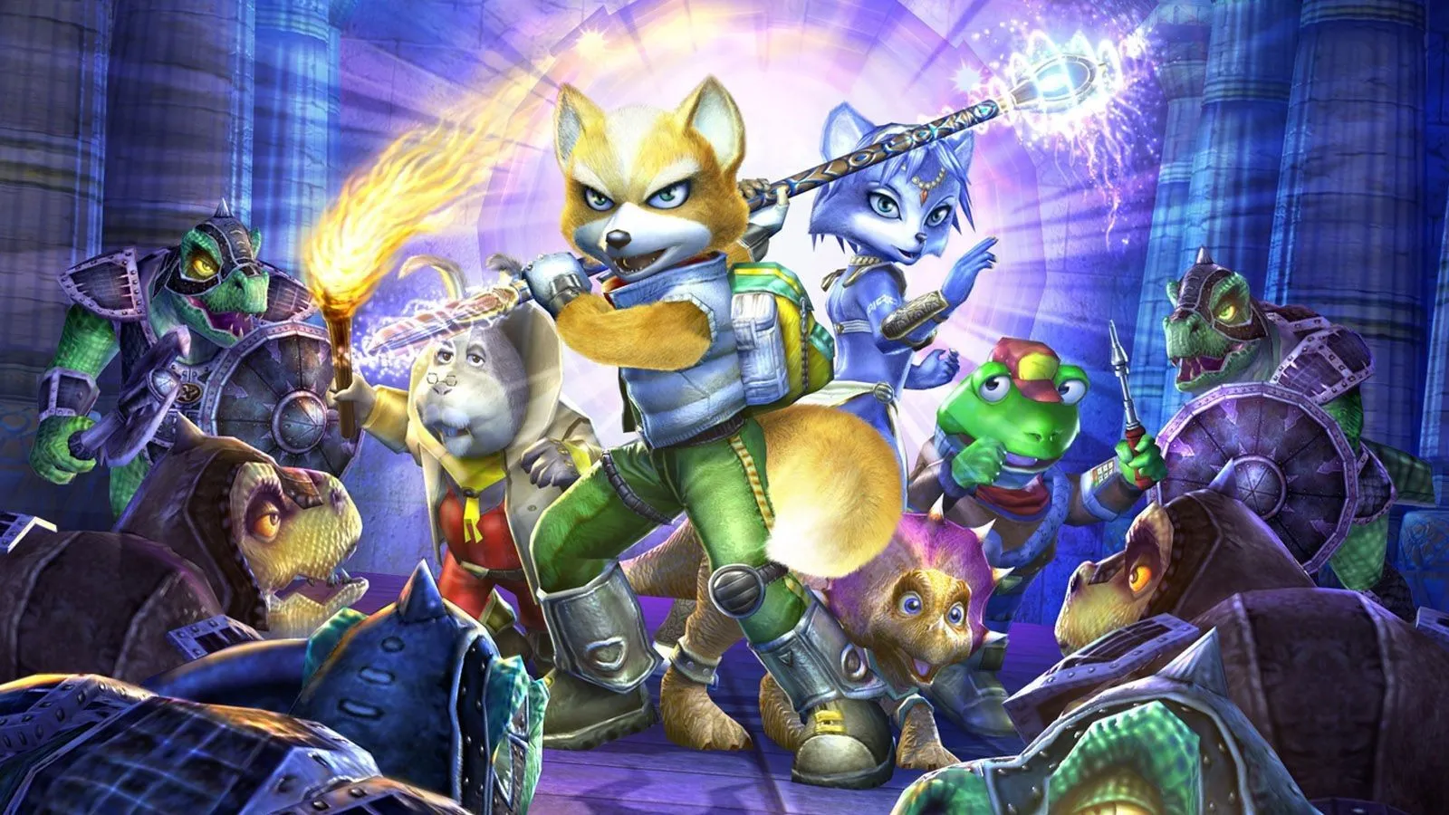 Hình ảnh chủ đạo của Star Fox Adventures với Fox McCloud cùng các nhân vật trên hành tinh khủng long.