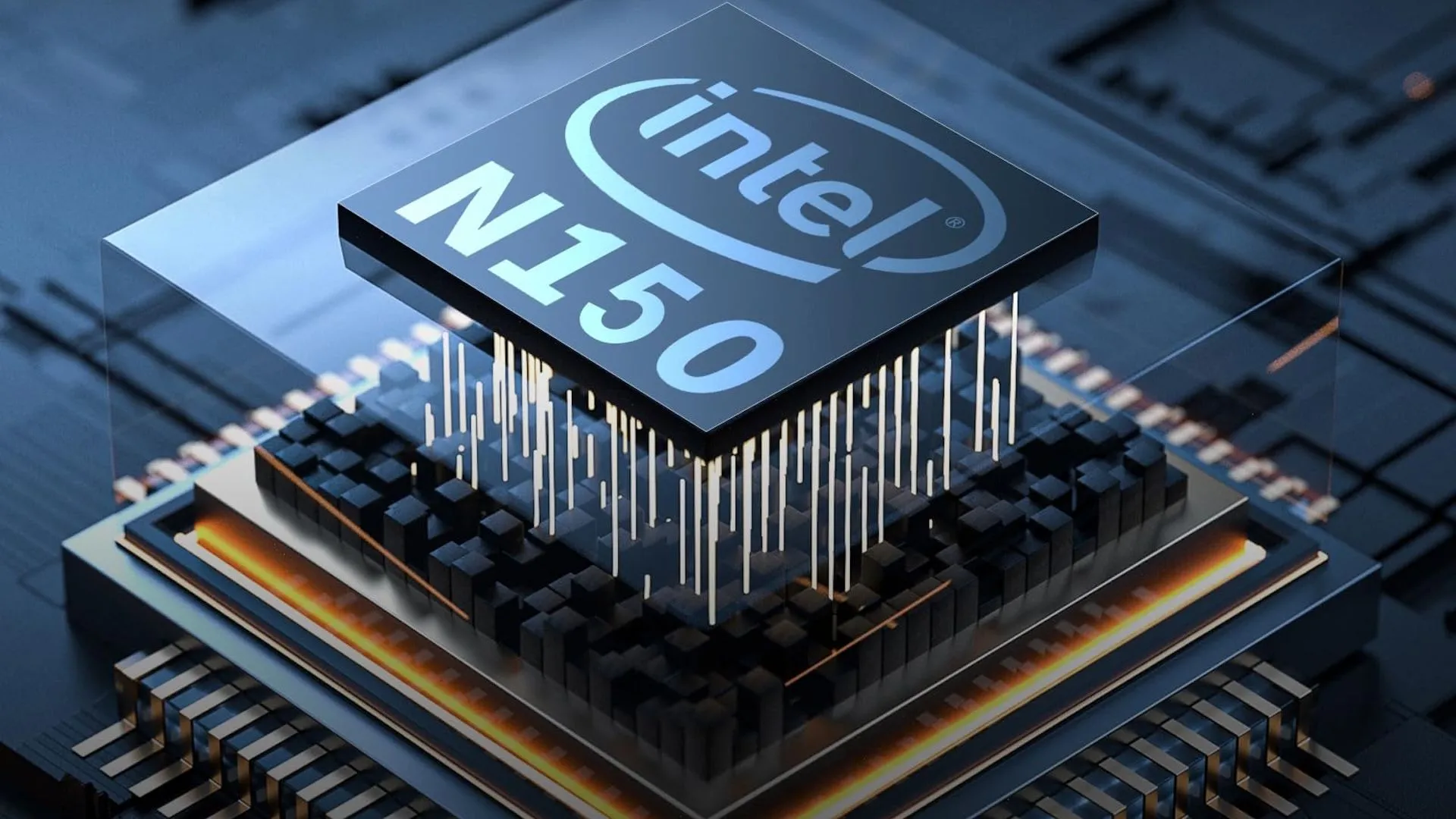 Hình ảnh đồ họa của chip Intel N150, một bộ xử lý tiết kiệm điện năng cho Mini PC.