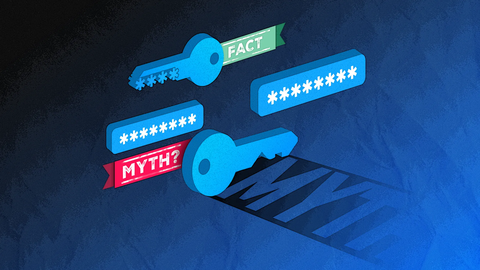 Hình ảnh minh họa chìa khóa được bao quanh bởi các mật khẩu và dải ruy băng ghi &quot;myth&quot; và &quot;fact&quot;, thể hiện tầm quan trọng của mật mã học.