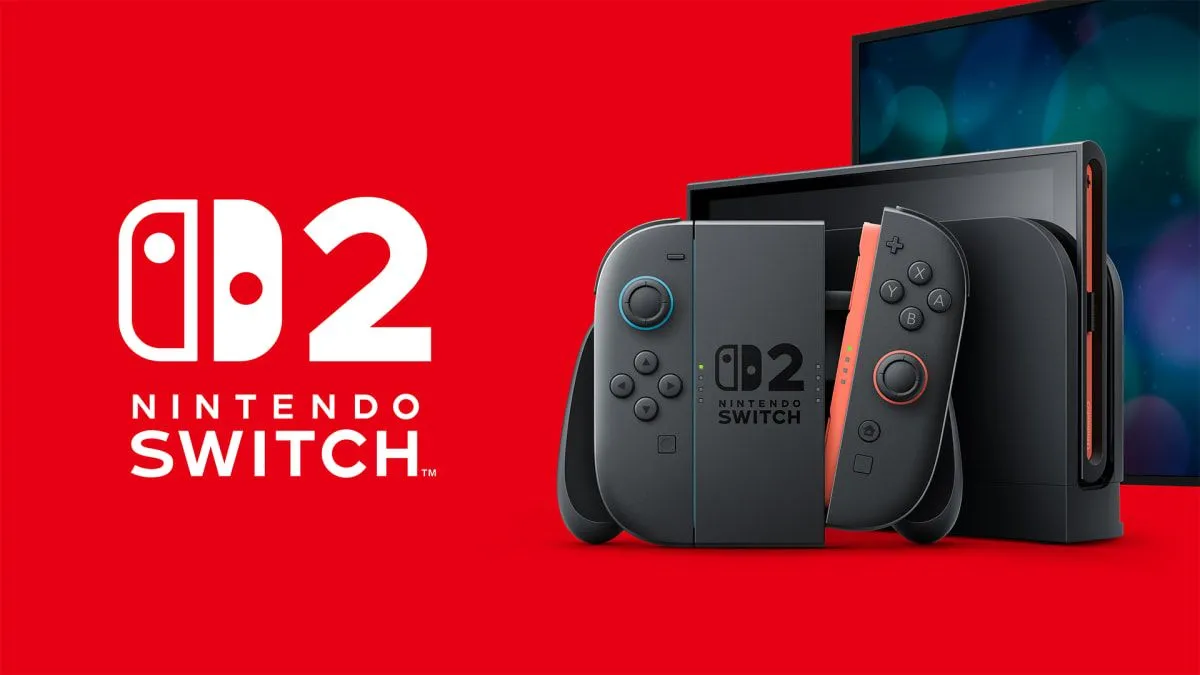Hình ảnh minh họa máy chơi game Nintendo Switch 2 cùng bộ điều khiển Joy-Con màu xanh và đỏ trên nền trắng.