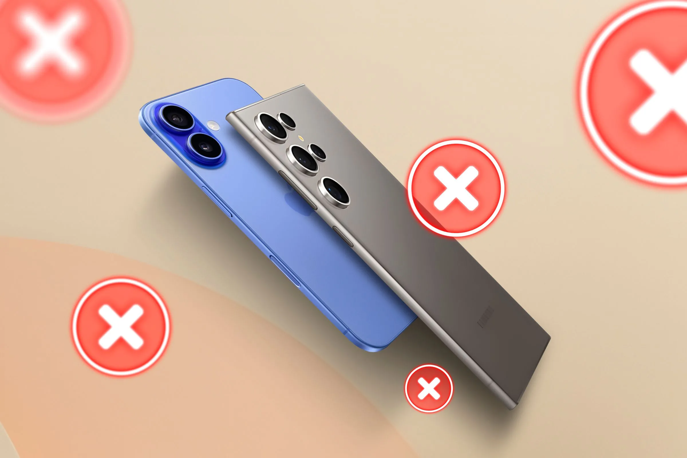 Hình ảnh minh họa một chiếc iPhone và Samsung Galaxy mỏng, với các dấu X xung quanh, ngụ ý các tính năng bị đánh đổi như pin và camera vì thiết kế quá mỏng.