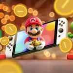 Hình ảnh một chiếc máy chơi game Nintendo Switch hiển thị Super Mario và các đồng xu, tượng trưng cho tiềm năng của game di động trên Switch 2.