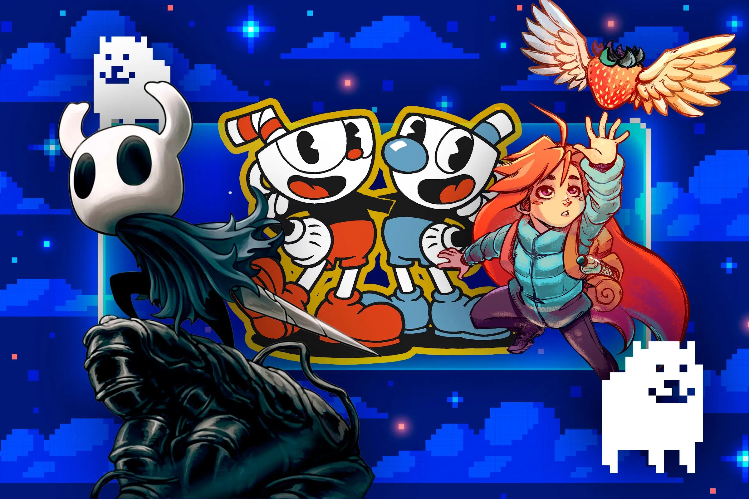Hình ảnh nền với các nhân vật game indie, biểu trưng cho các tựa game độc lập cần sự hỗ trợ từ cộng đồng.