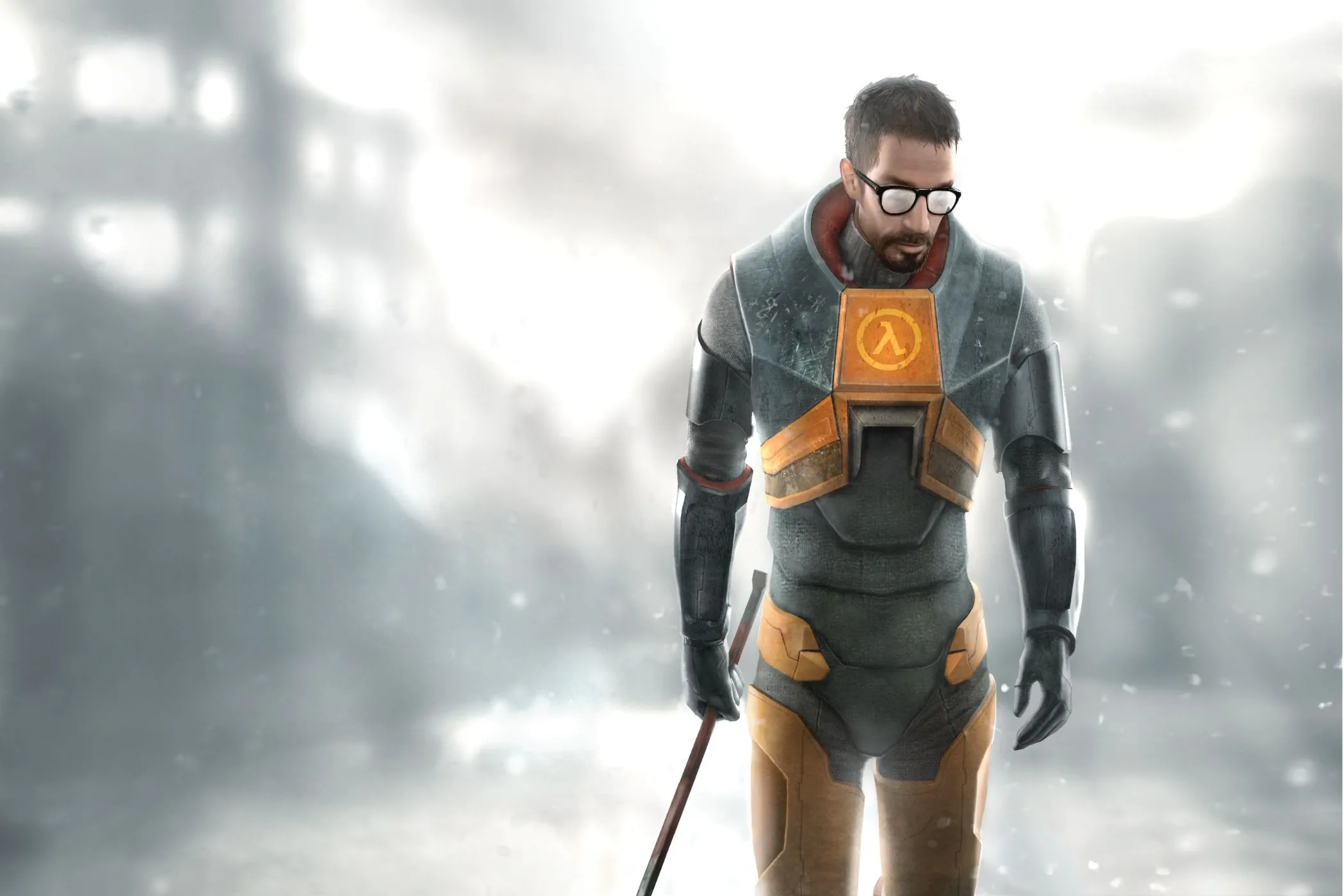 Hình ảnh quảng bá Half-Life 2 của Gordon Freeman với xà beng đặc trưng của mình.