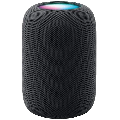 Hình ảnh quảng cáo loa HomePod thế hệ 2 màu đen của Apple, nhấn mạnh thiết kế sang trọng và khả năng âm thanh sống động.
