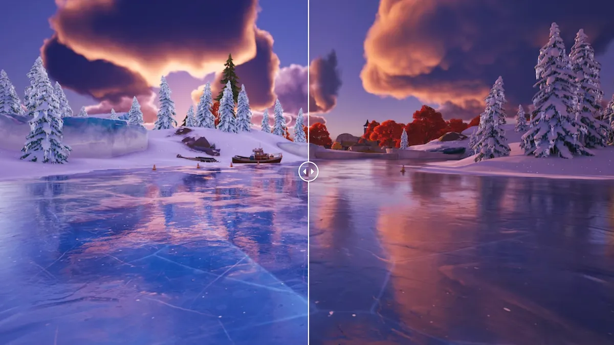 Hình ảnh so sánh đồ họa Fortnite trước và sau khi tích hợp công nghệ Lumen của Unreal Engine 5, cho thấy sự cải thiện về chiếu sáng động.