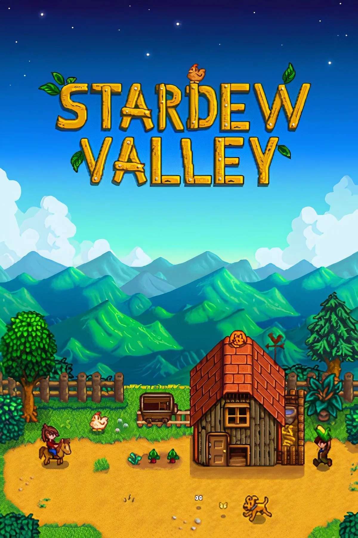 Hình ảnh tổng hợp các hoạt động từ Stardew Valley: làm nông, câu cá, khai thác mỏ và tương tác với dân làng.