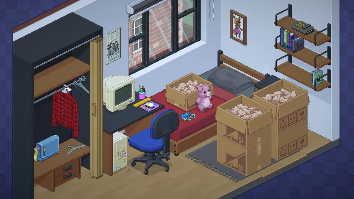 Hình ảnh từ tựa game Unpacking năm 2021 của Witch Beam, cho thấy một căn phòng vừa được dỡ đồ, với các vật phẩm được sắp xếp gọn gàng, thể hiện tính thẩm mỹ và thông điệp nội dung tinh tế của trò chơi.