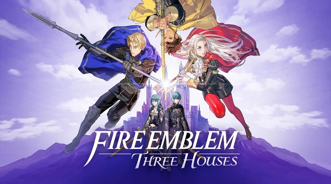 Hình minh họa chính của Fire Emblem: Three Houses, cho thấy bối cảnh và các nhân vật chủ chốt trong game chiến thuật RPG này.