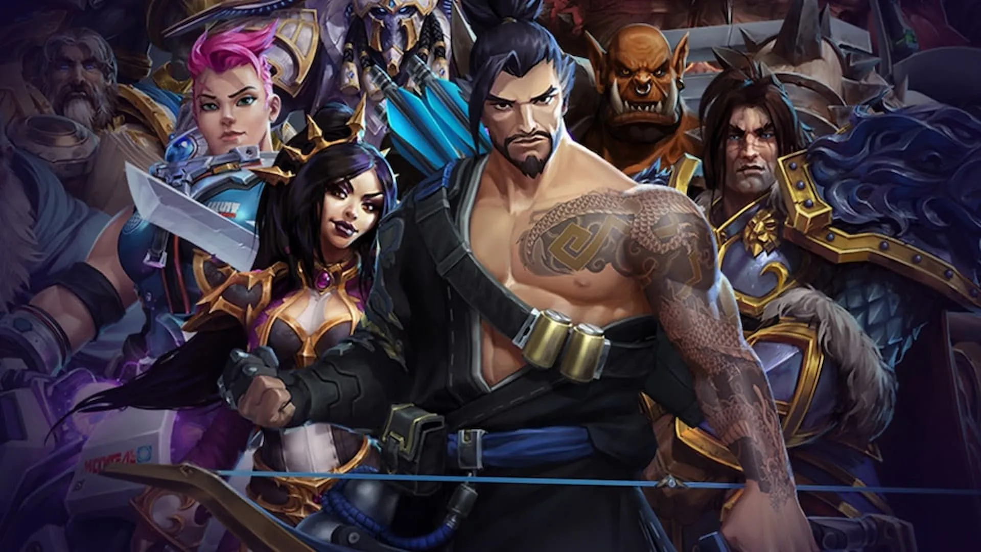 Hình minh họa nhiều nhân vật quen thuộc từ các vũ trụ game của Blizzard, hội tụ trong MOBA Heroes of the Storm.