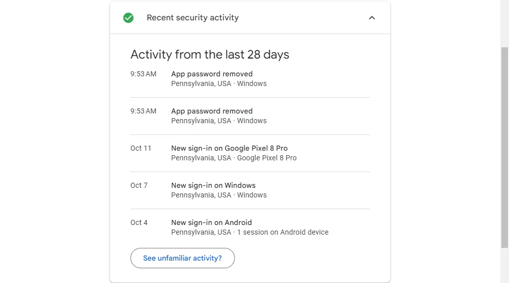 Hoạt động bảo mật gần đây trên tài khoản Google.