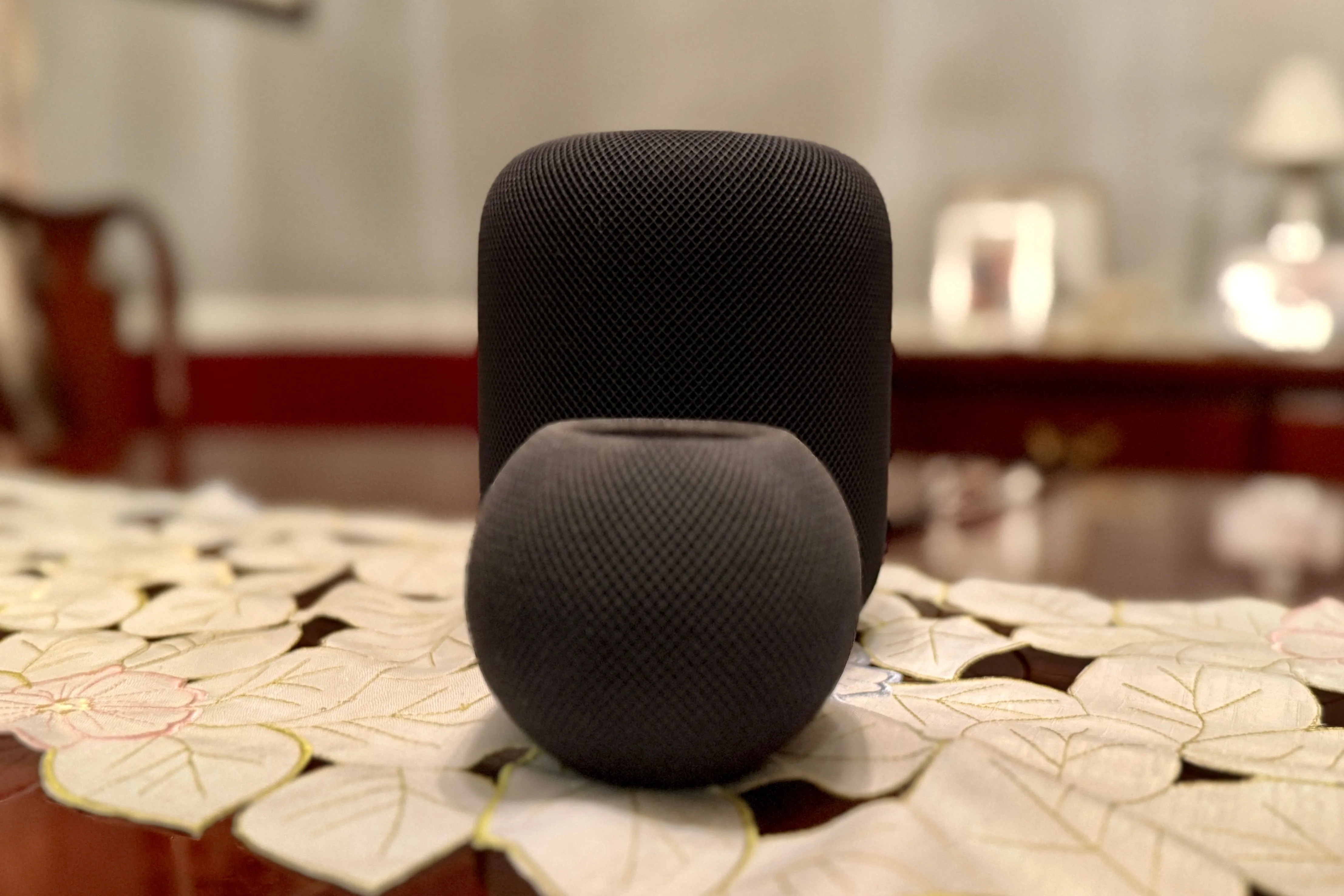 HomePod mini đặt trước HomePod kích thước lớn, minh họa rõ ràng sự chênh lệch về chiều cao và vóc dáng giữa hai phiên bản loa thông minh Apple.