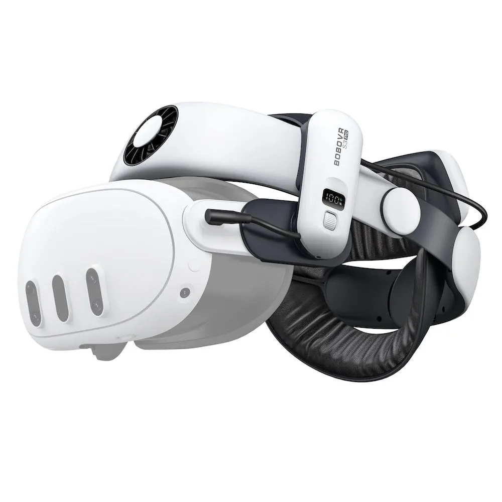 Hộp sản phẩm dây đeo BOBOVR S3 Pro Halo Strap, thể hiện tính năng quạt và pin tháo rời