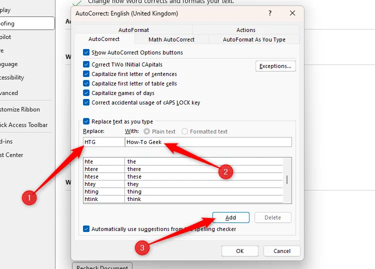 Hộp thoại AutoCorrect của Word với từ viết tắt HTG trong trường Replace và How-To Geek trong trường With.
