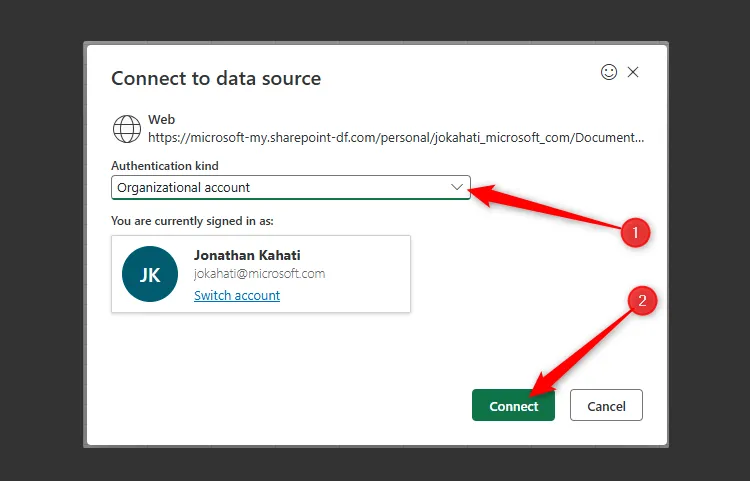 Hộp thoại Connect To Data Source (Kết nối nguồn dữ liệu) trong Excel trên web, hiển thị tùy chọn Organizational Account được chọn làm loại xác thực để kết nối với các nguồn dữ liệu bảo mật.