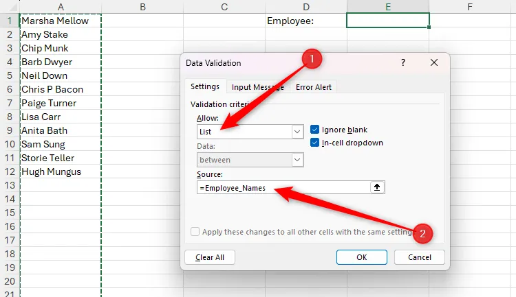 Hộp thoại Data Validation của Excel với một vùng được đặt tên được chọn làm nguồn cho danh sách sẽ xuất hiện trong ô E1, tạo danh sách động.
