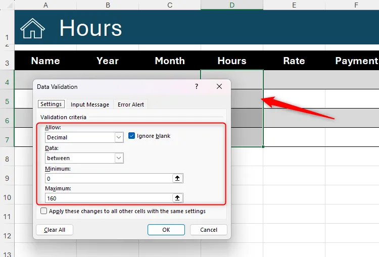 Hộp thoại Data Validation trong Excel giới hạn giá trị nhập liệu là số thập phân nằm trong khoảng từ 0 đến 160.