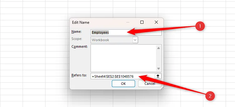 Hộp thoại Edit Name trong Excel, với các trường Name và Refers To được tô sáng để điều chỉnh tên hoặc phạm vi.