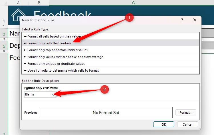 Hộp thoại New Formatting Rule trong Excel với tùy chọn &quot;Format Only Cells That Contain&quot; và &quot;Blanks&quot; được chọn để định dạng các ô trống.