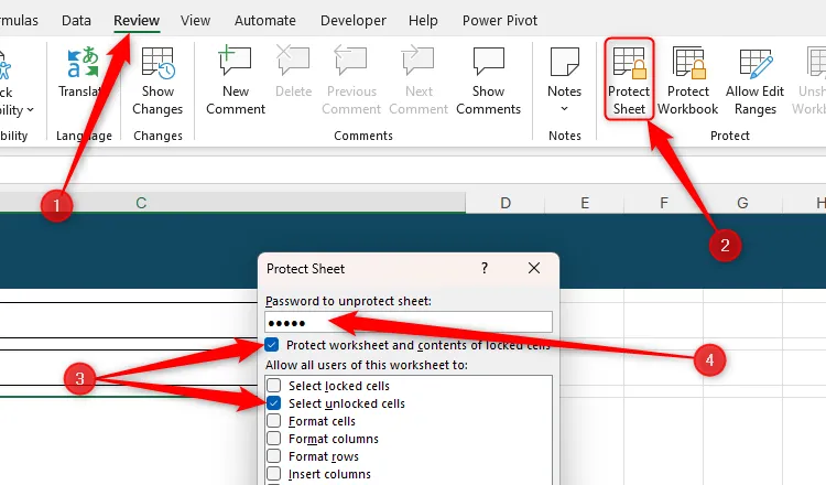 Hộp thoại Protect Sheet trong tab Review của Excel, nơi chọn bảo vệ trang tính và nhập mật khẩu.