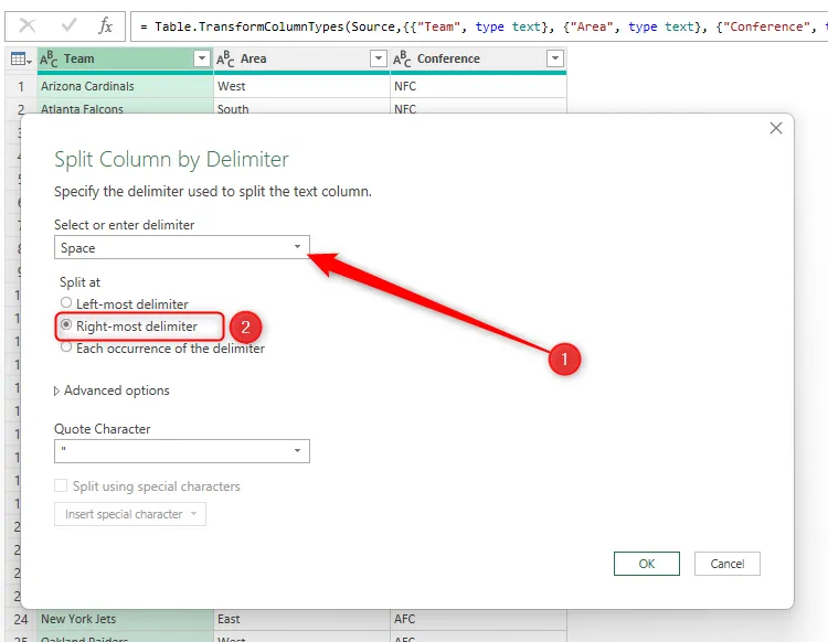 Hộp thoại Split Column By Delimiter trong Power Query Editor của Excel với khoảng trắng được chọn làm dấu phân cách và &quot;Right-most delimiter&quot; (Dấu phân cách ngoài cùng bên phải) được chọn làm vị trí tách.