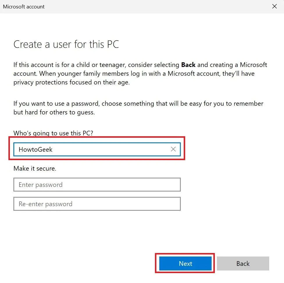 Hộp thoại Tạo người dùng cho PC này trong Windows 11