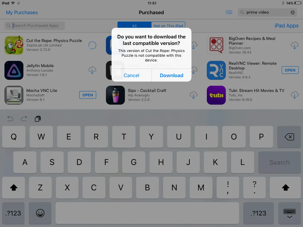 Hộp thoại trong App Store trên iPad 2 hỏi tải phiên bản ứng dụng tương thích cuối cùng, mẹo tải game cho iPad cũ.