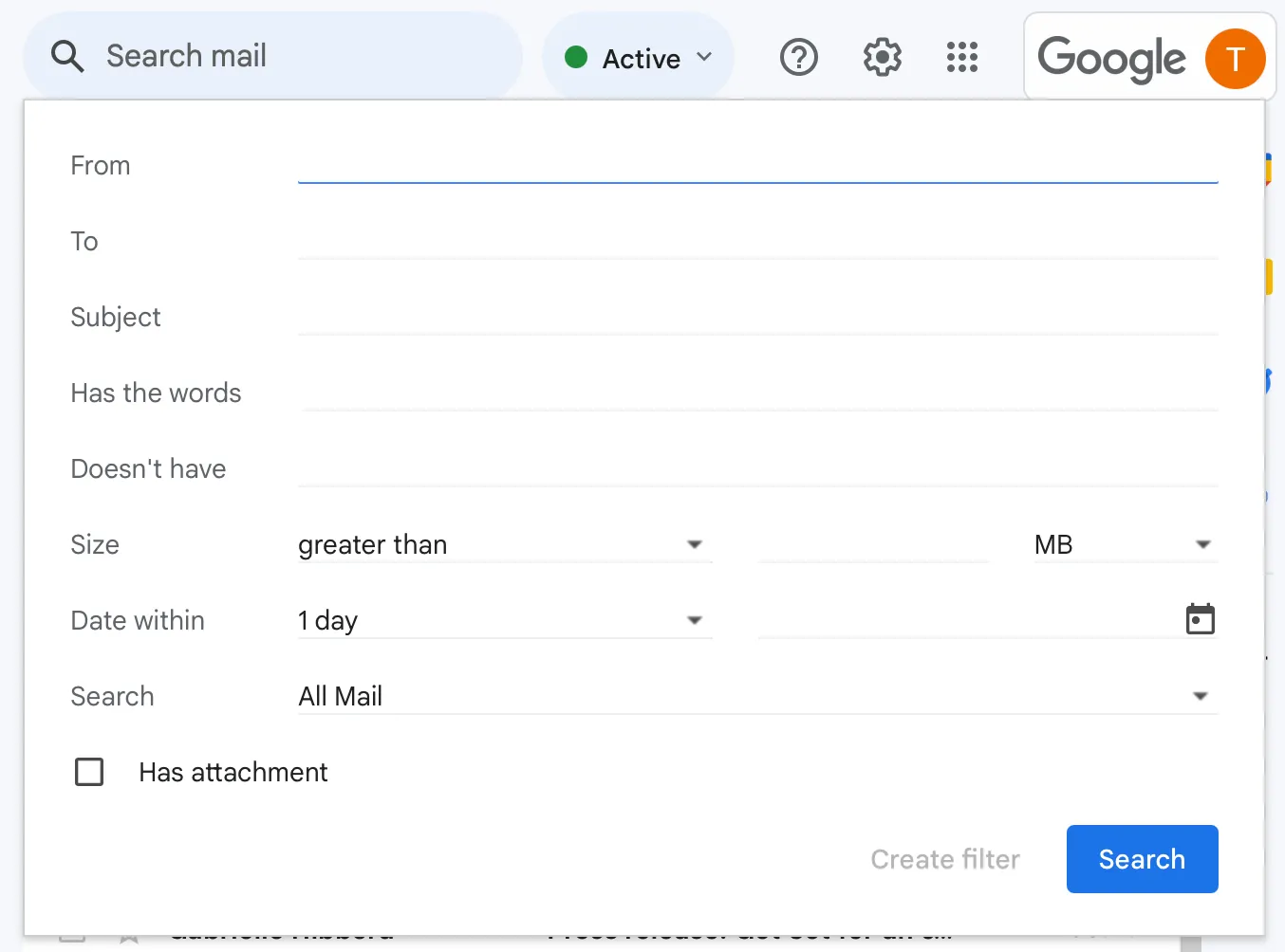 Hộp tìm kiếm nâng cao trong Gmail.
