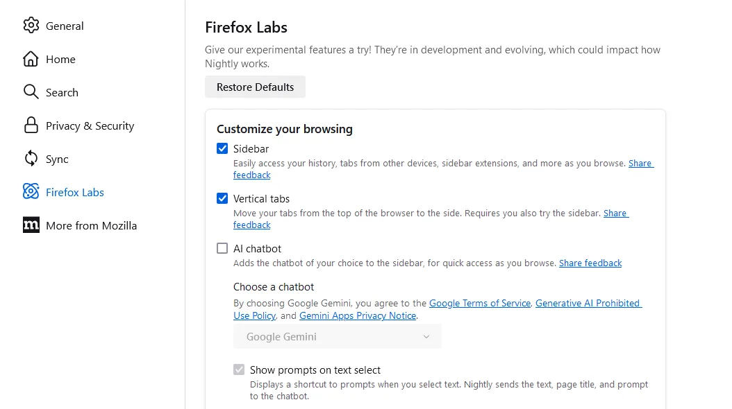 Hướng dẫn bật tính năng thanh bên qua mục Firefox Labs trong Firefox Nightly.