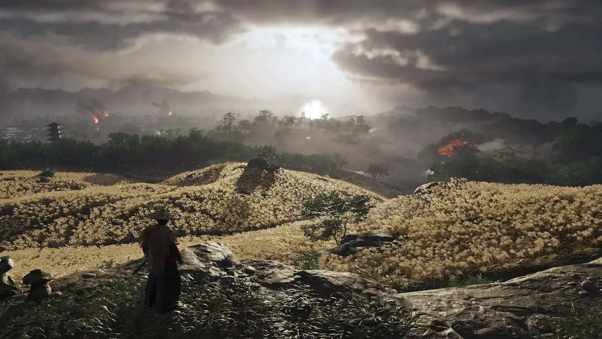 Jin Sakai, samurai trong Ghost of Tsushima, đứng trên đỉnh đồi ngắm nhìn cánh đồng rộng lớn dưới bầu trời nhiều mây