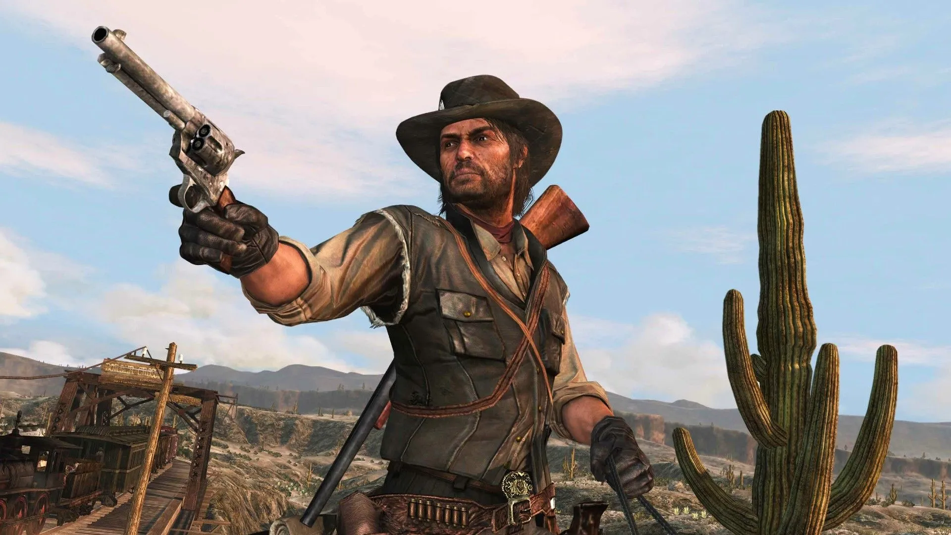 John Marston đang nhắm vũ khí sang trái, sẵn sàng chiến đấu trong Red Dead Redemption