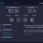 Kết quả kiểm tra tốc độ internet Gigabit của AT&T qua Ookla Speedtest, cho thấy tốc độ tải về và tải lên.