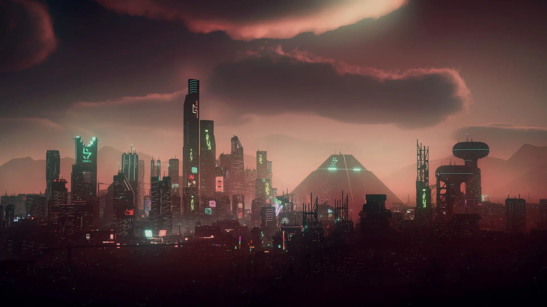 Khung cảnh tổng thể một thành phố cyberpunk tối tăm với kiến trúc độc đáo và xe bay trong Dystopika.