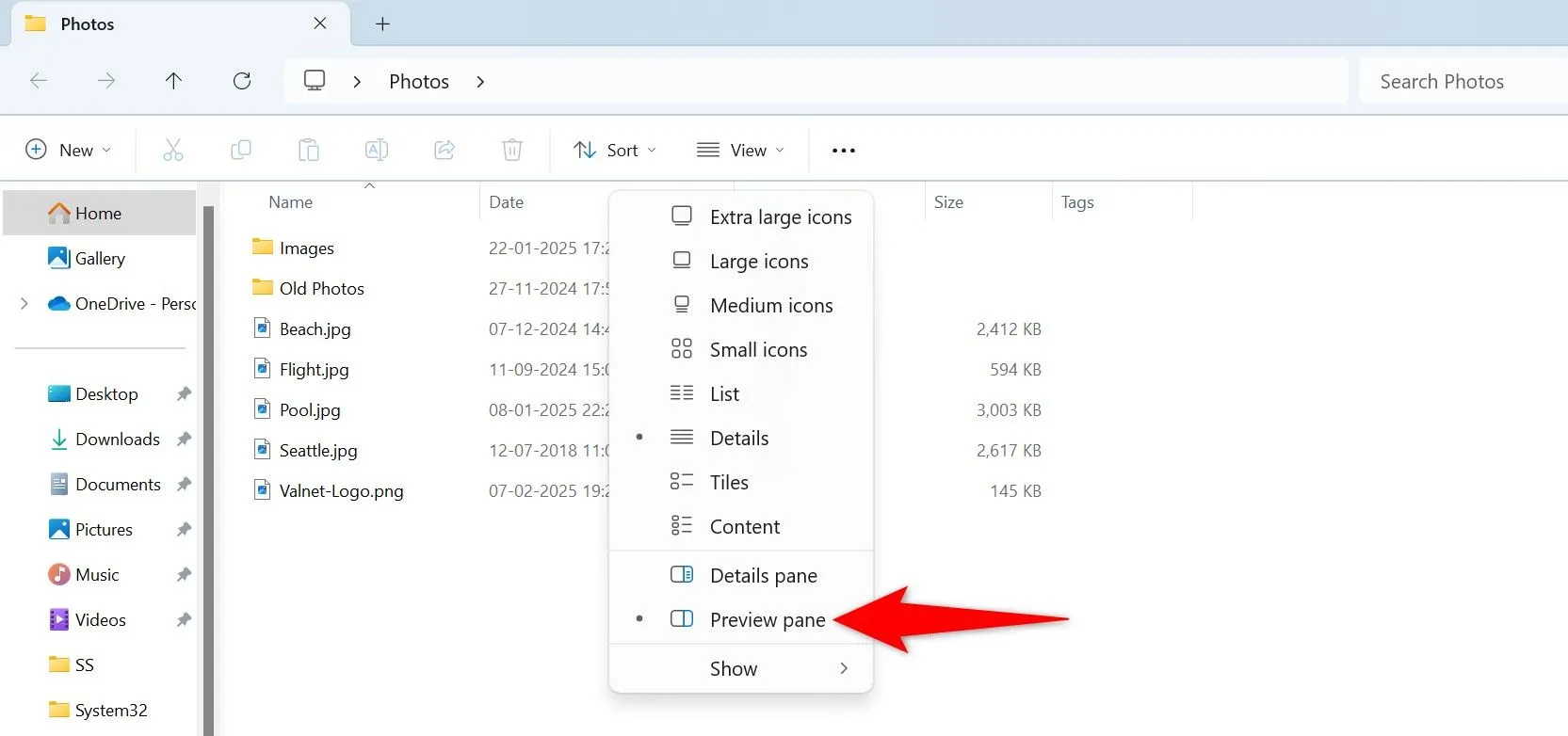 Kích hoạt tính năng Preview Pane trong File Explorer Windows 11 từ menu View.
