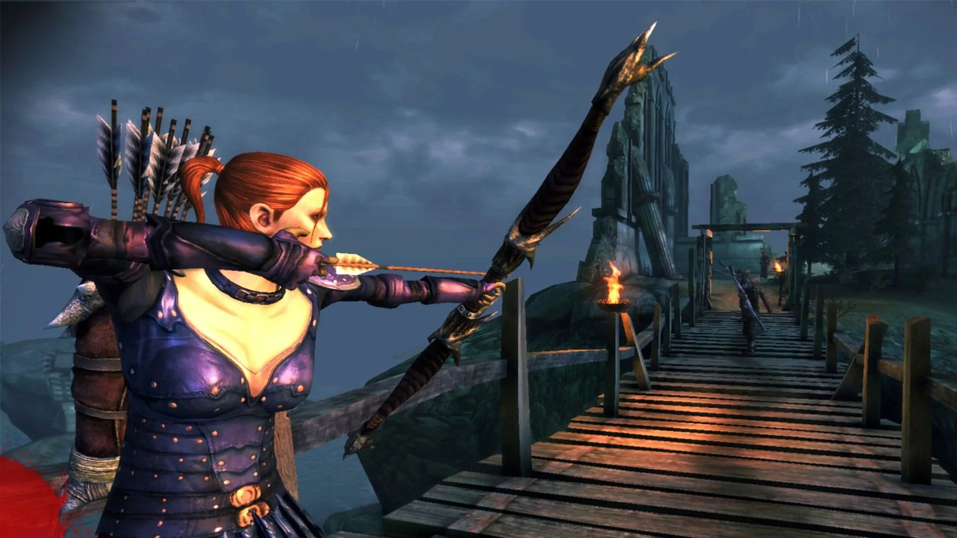Leliana, nữ sát thủ trong Dragon Age: Origins, chuẩn bị bắn cung, minh họa nhân vật đồng hành trong game RPG.