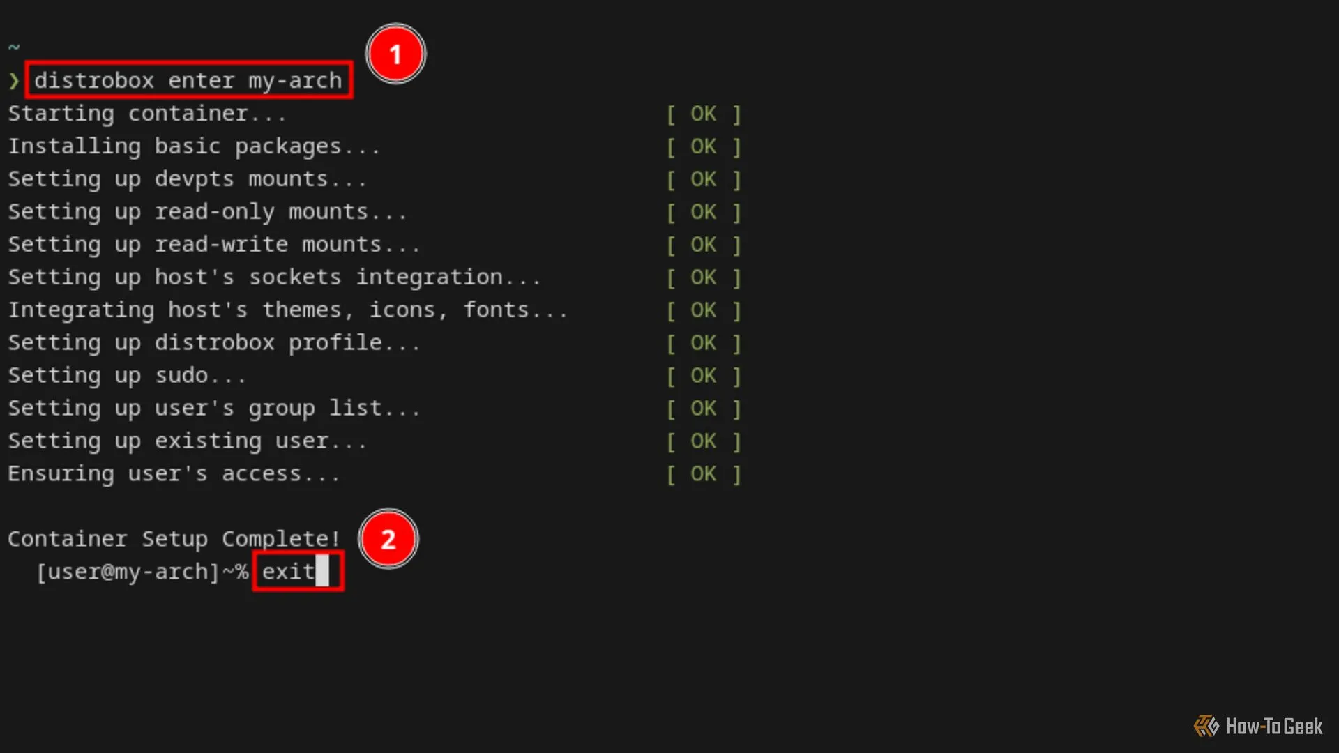 Lệnh để truy cập vào Distrobox container được hiển thị và đánh dấu trong terminal Linux.