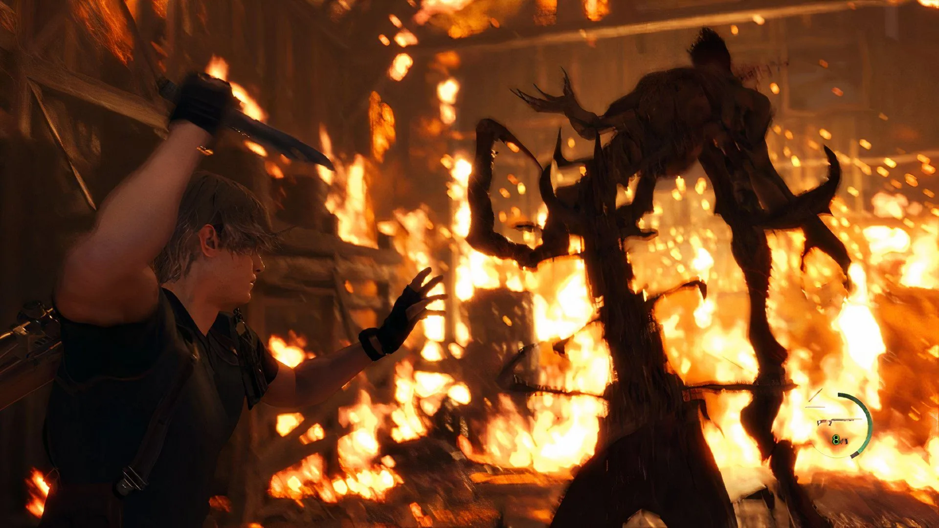 Leon S. Kennedy đối đầu trùm làng trong Resident Evil 4 Remake trên PlayStation 5, thể hiện thiết kế quái vật ấn tượng.
