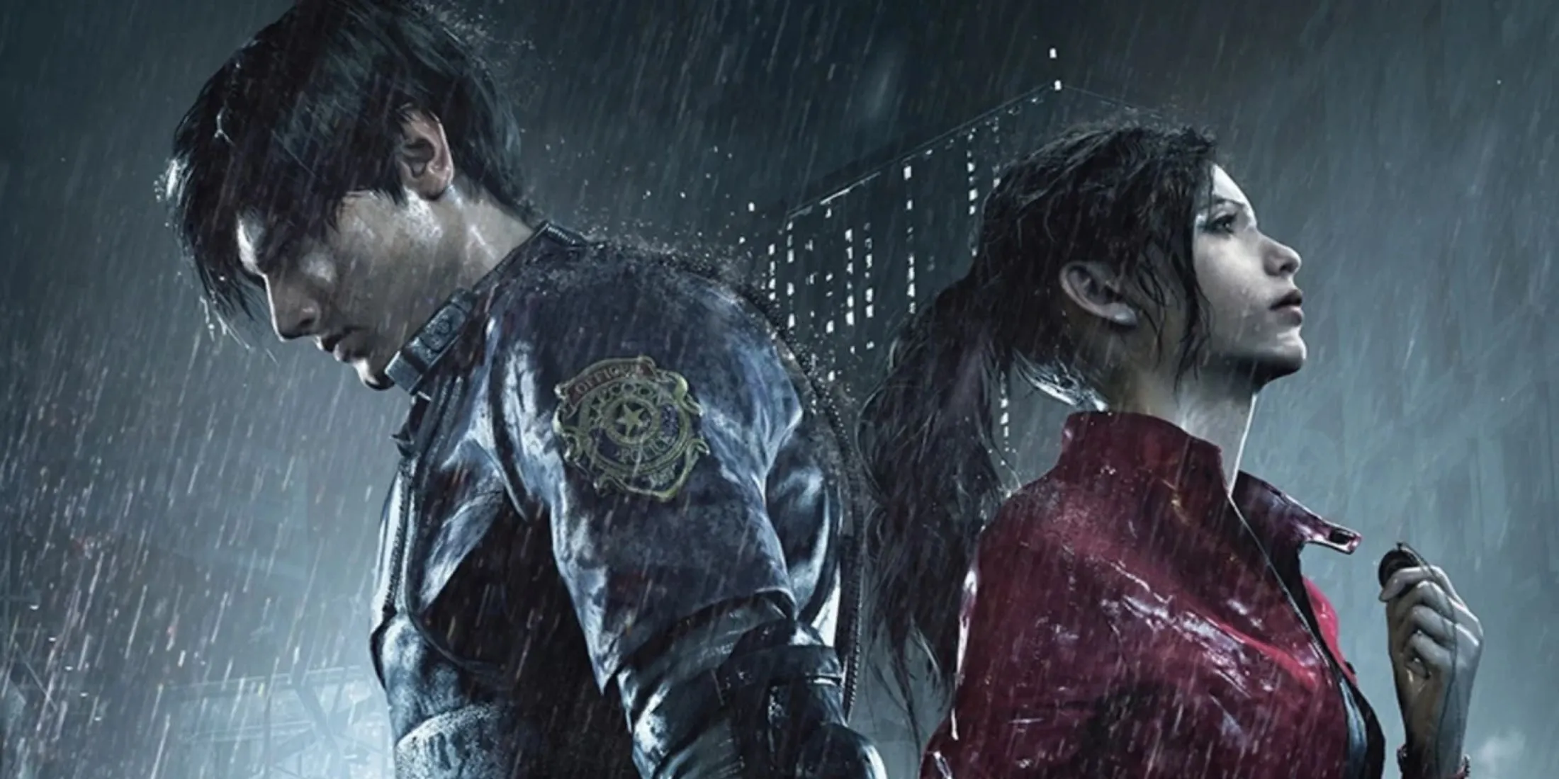 Leon và Claire đứng tựa lưng vào nhau dưới mưa trong Resident Evil 2 Remake, thể hiện sự đối mặt với thảm họa.