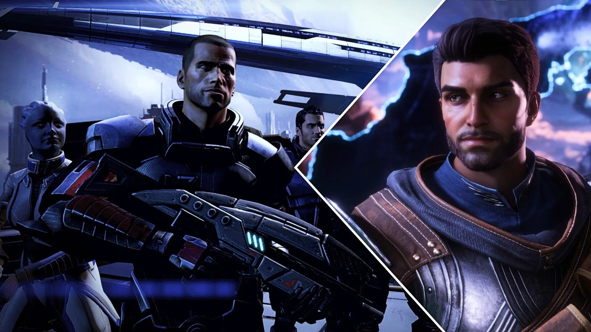 Liên kết vũ trụ Mass Effect và Dragon Age: Shepard và Liara trên tàu Normandy cùng chiến binh Dragon Age: The Veilguard.