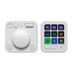Logitech MX Creative Console với Keypad và Dialpad đặt trên nền trắng, thể hiện thiết kế tổng thể của bộ điều khiển sáng tạo.