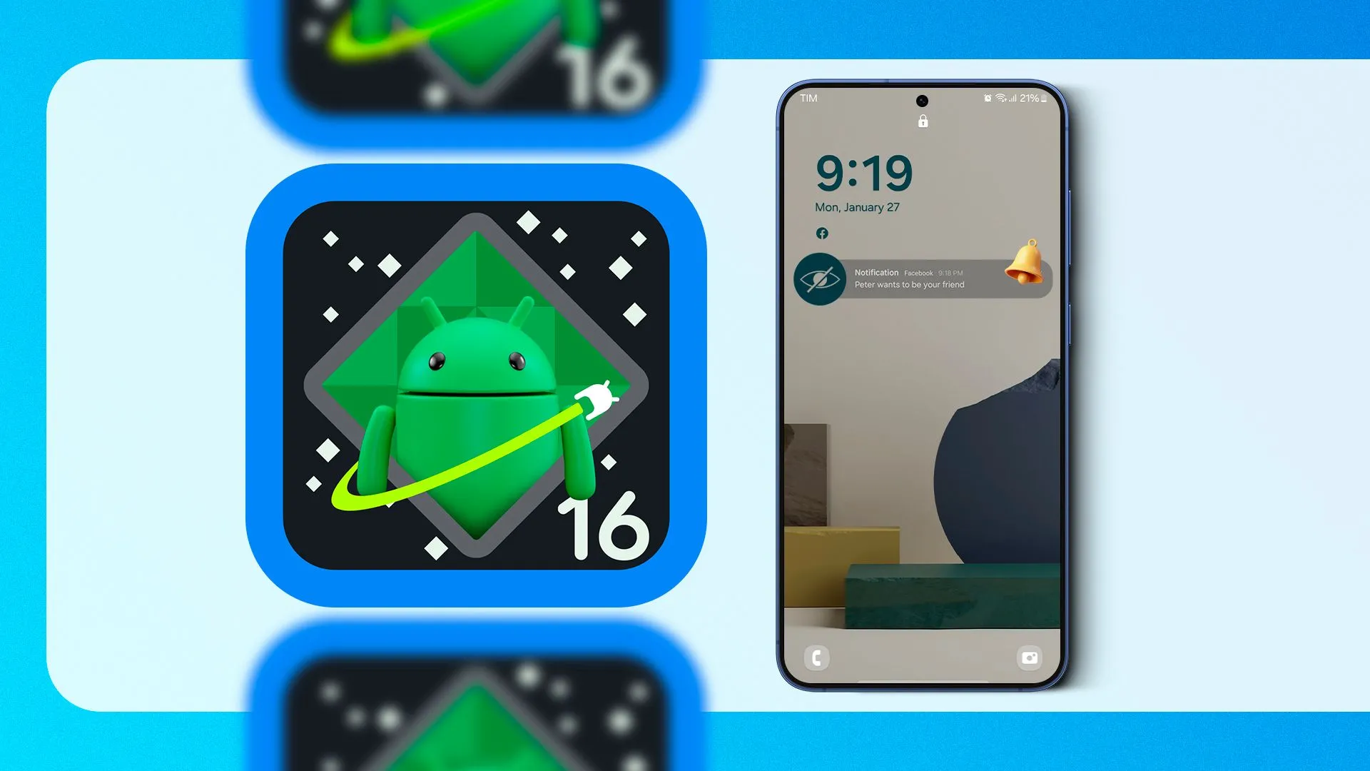 Logo Android 16 cùng linh vật và một chiếc smartphone, biểu tượng cho sự hỗ trợ phần mềm lâu dài trên các thiết bị.