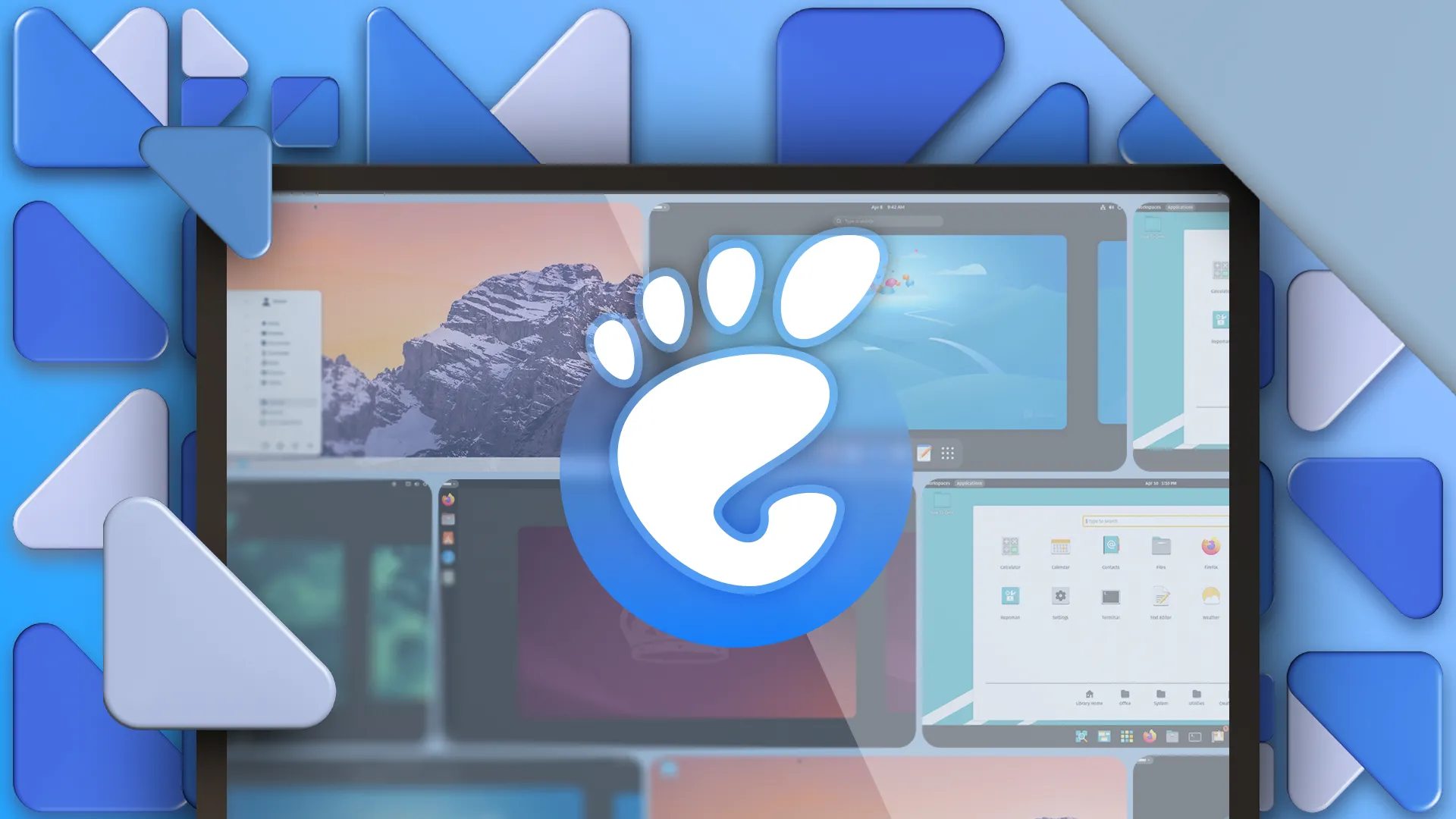 Logo GNOME và các bản phân phối Linux trên màn hình hiển thị, đại diện cho khả năng tùy biến desktop của Bazzite OS.