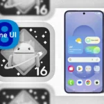 Logo One UI 8 và Android 16 trên điện thoại Samsung Galaxy, thể hiện sự kết hợp cập nhật phần mềm mới