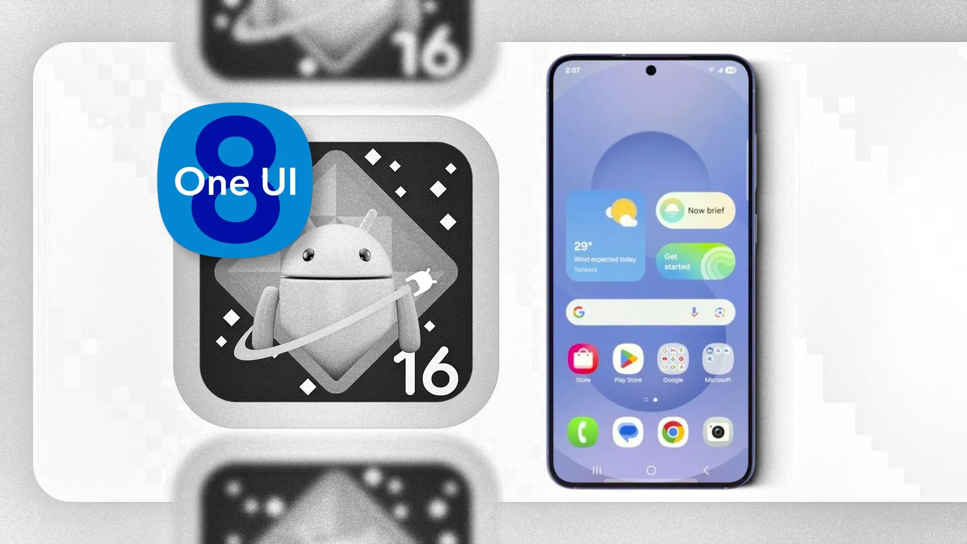 Logo One UI 8 và Android 16 trên điện thoại Samsung Galaxy, thể hiện sự kết hợp cập nhật phần mềm mới