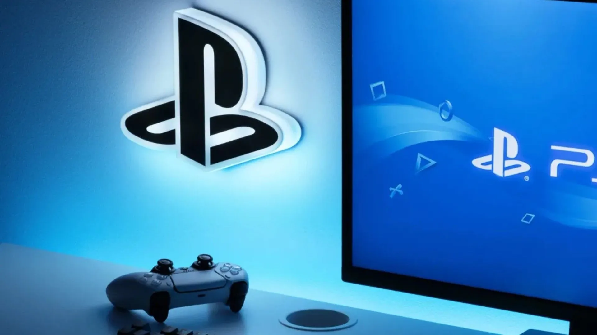 Logo PlayStation cạnh tay cầm PS5 và màn hình hiển thị logo PlayStation