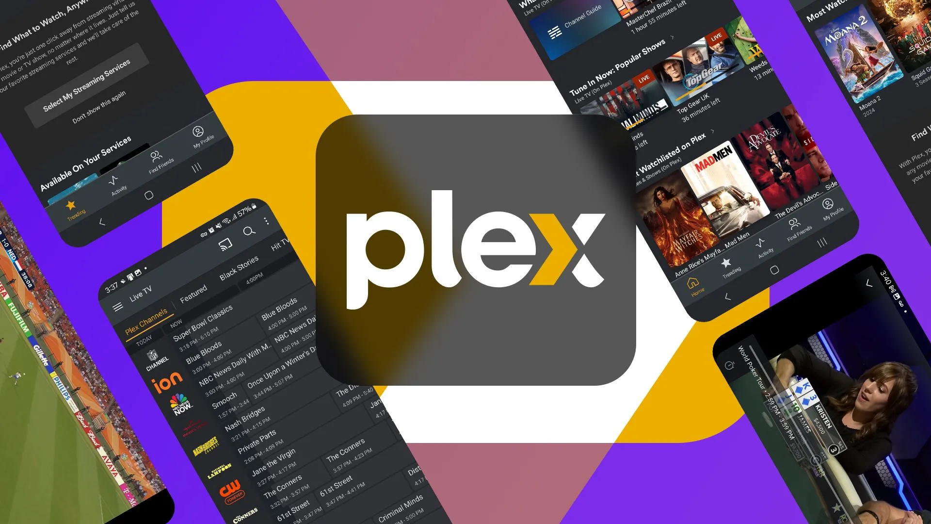 Logo Plex cùng với các ảnh chụp màn hình ứng dụng đang được xem trước trên Roku