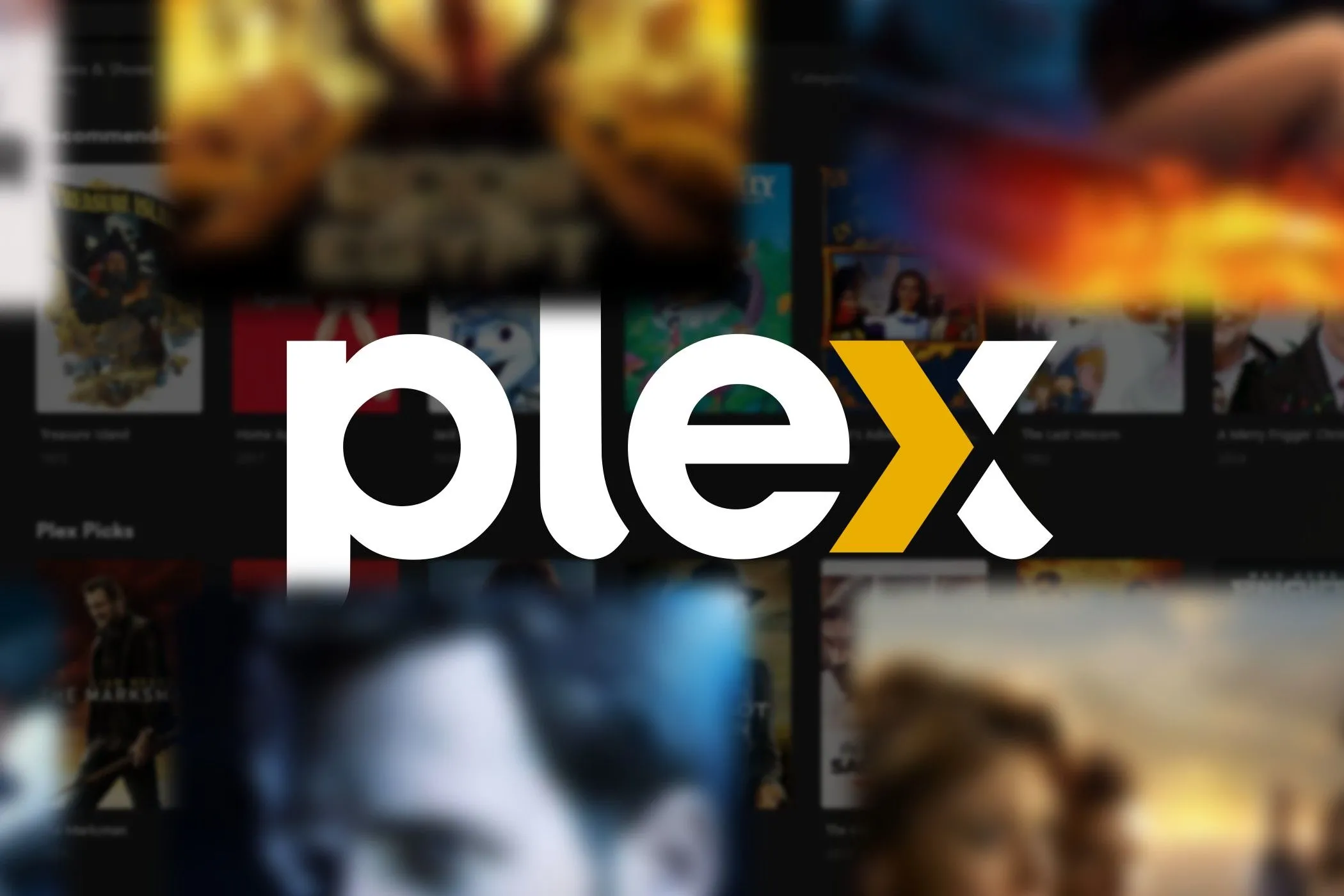Logo Plex với ánh sáng màu xanh dương trên nền tối.