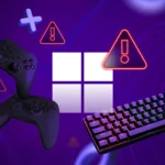 Logo Windows với các biểu tượng cảnh báo, xung quanh là tay cầm chơi game và bàn phím